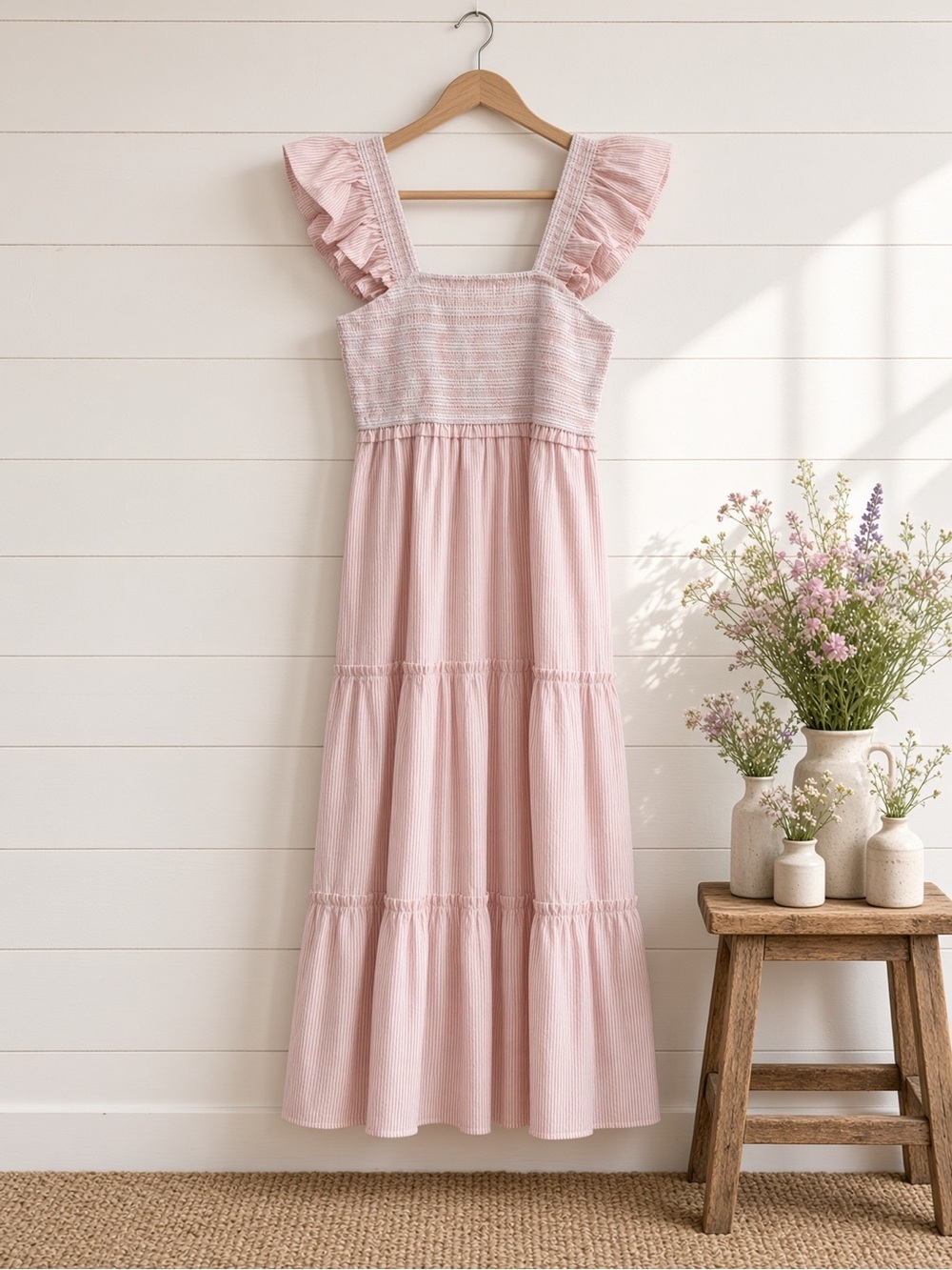 Smocked Ruffle Strap Tiered Midi Dress Large